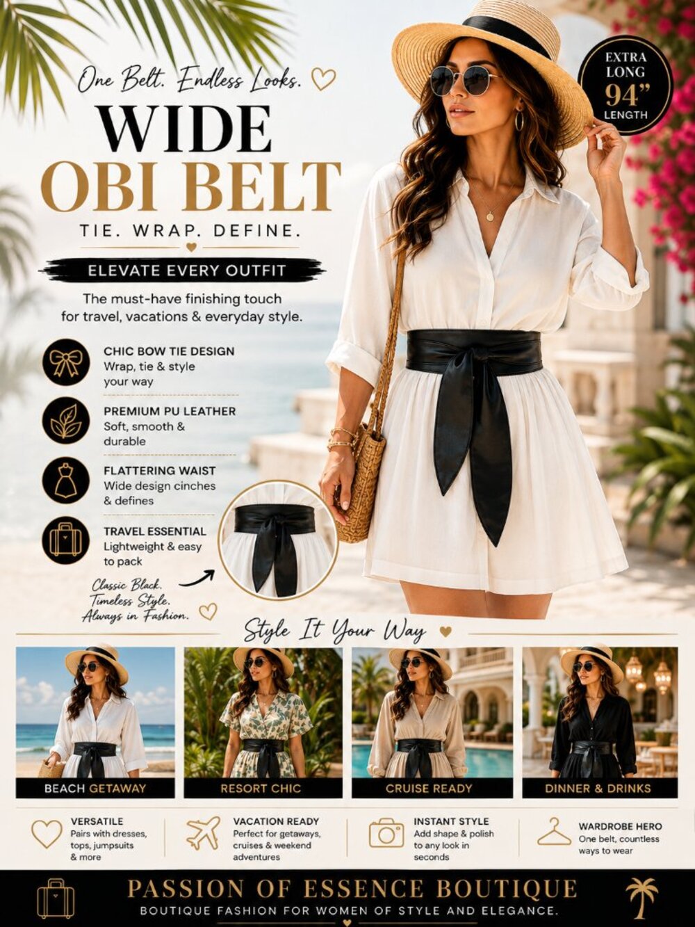 Women’s Black Wide Obi Wrap Belt – Bow Tie PU Leather Waist Cincher 94"